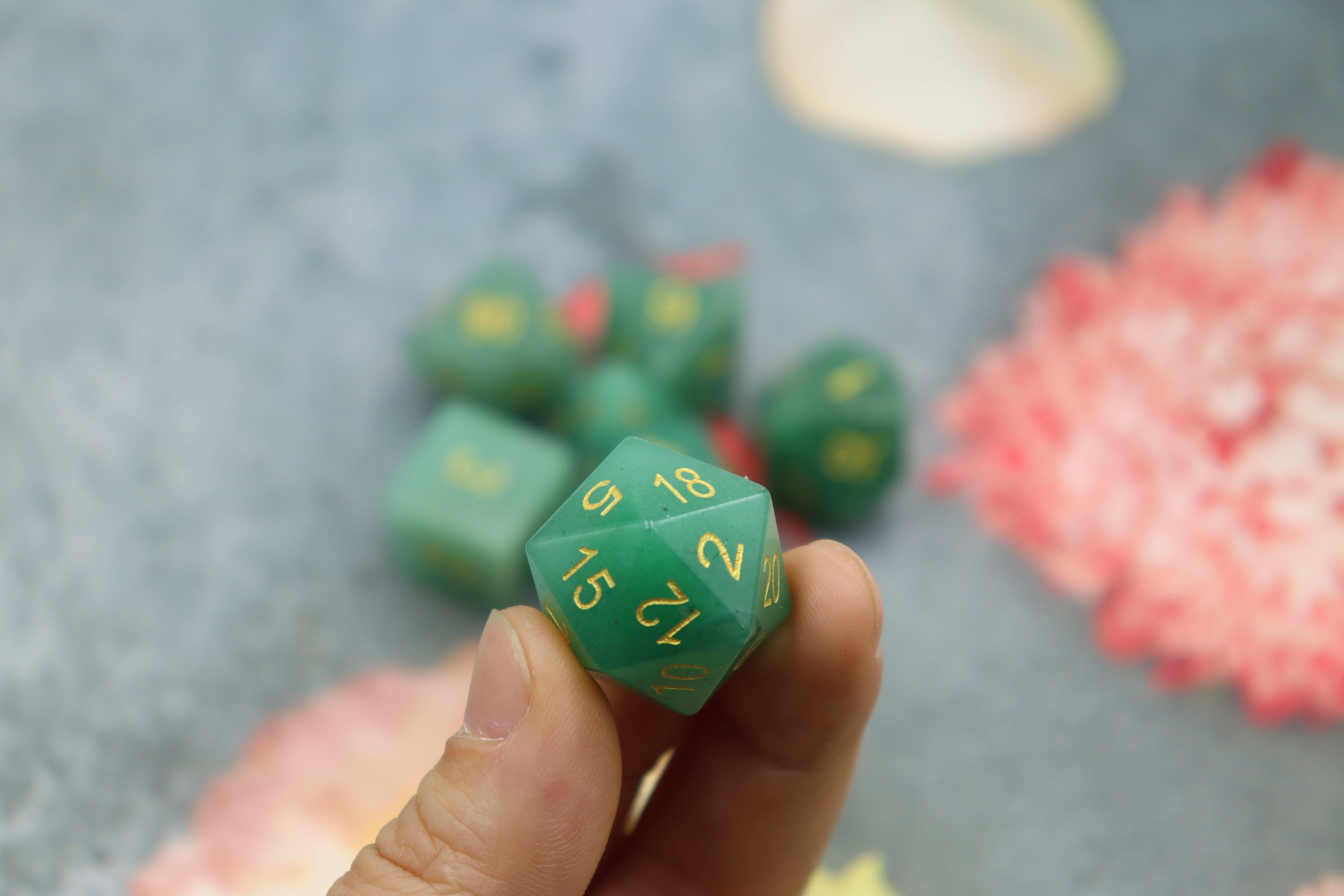 Natural Green Aventurine Gemstone Polyhedral Dice Set - Hand Carved DND Dice with Golden Ink Engraved Numbers