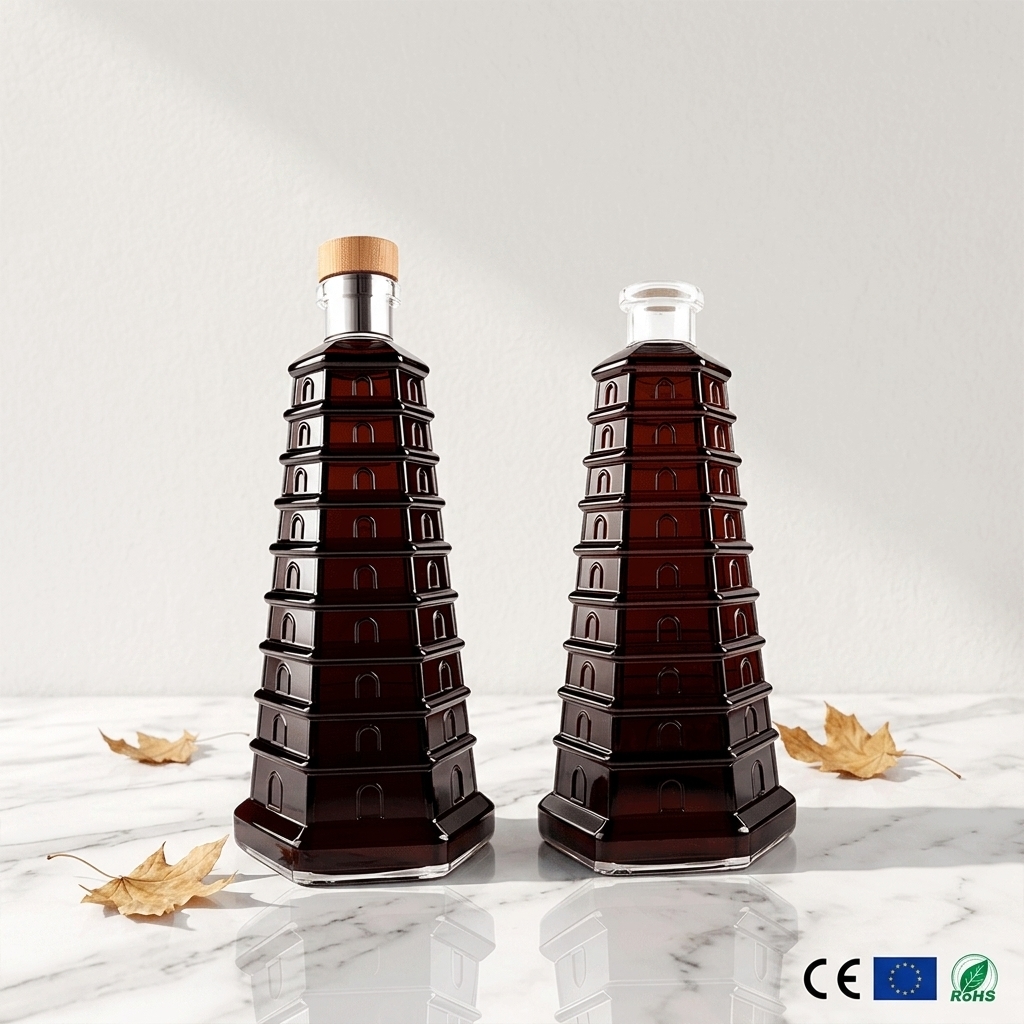 Spirits Custom Glass Bottles Pagoda Shaped Tower Design Liquor Bottle With Strong Sealing