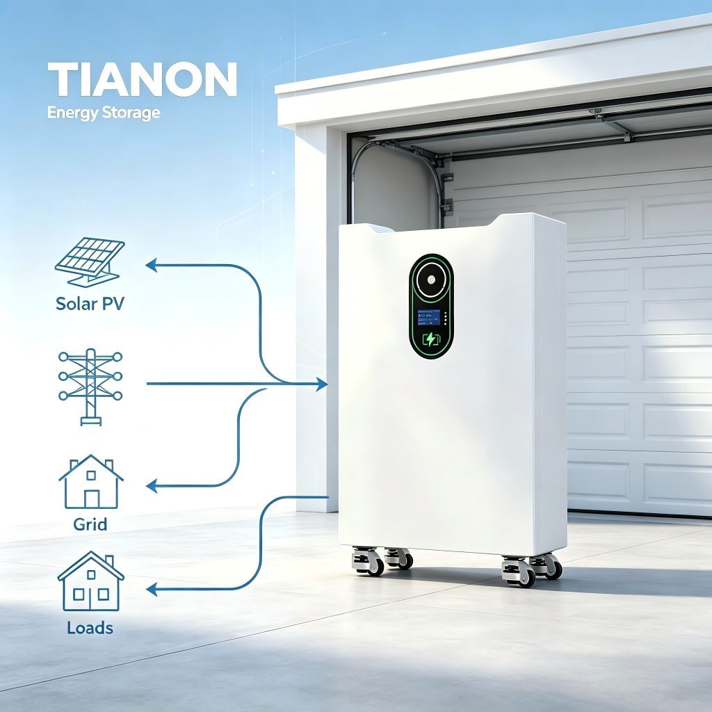 51.2V 314Ah 16kWh Floor-Mounted LiFePO4 Battery with Wheels Whole Home Solar Energy Storage System Tianon