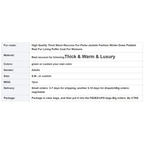                  High Quality Thick Warm Raccoon Fur Parka Jackets Fashion Winter Down Padded Real Fur Lining Puffer Coat for Womens             
