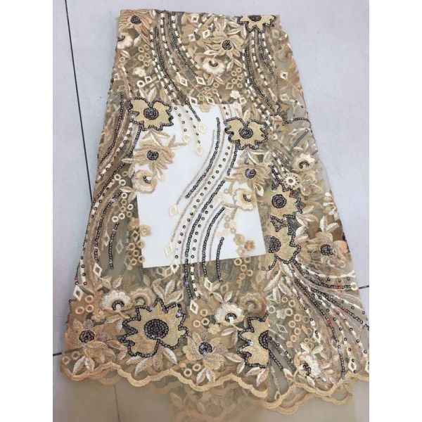 Embroidered Sequin Lace Fabric , Floral Tulle Fabric For Fashion Party Gown Dress