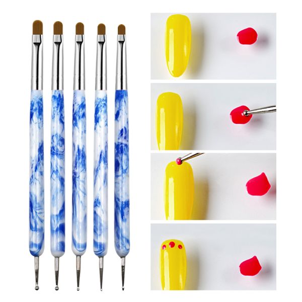 Nylon Hair Marble Handle Nail Gel Brush Two Way French UV Gel Double End