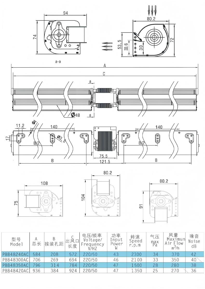 Silent High-Volume Cross-Flow Tangential Fan HY-48AC Series Aluminum Alloy 1 Year Warranty 220V AC OEM