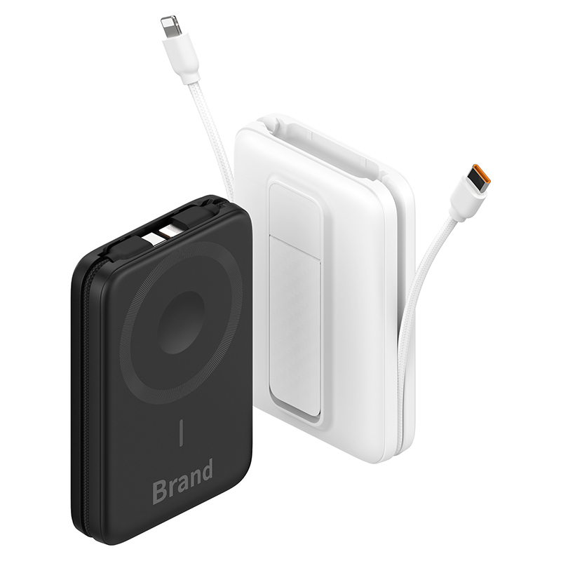 10000mAh Magnetic Wireless Power Bank, 3‑in‑1 Portable Charger with Built‑in Lightning & Type‑C Fast Charging Cables, Foldable Stand, LCD Digital Display, Compact External Battery Pack for Phones