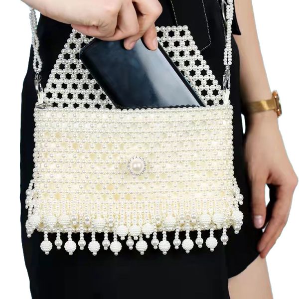 Women 6mm Pearl Hand Bags , White Woven Bead Bag Hand weaving OEM