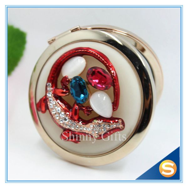 Shinny Gifts Crystal Animal Design Folding Double Side Make up Mirror Metal Compact Mirror
