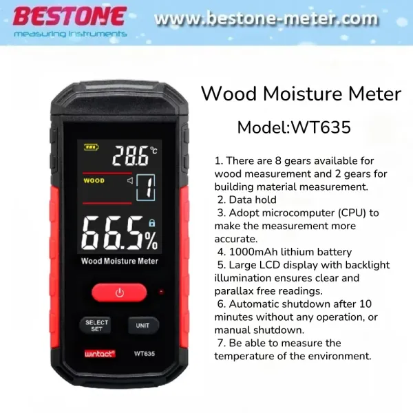 WT635 Digital Moisture Meter with 10 Gears for Wood and Construction Material Measurement Including 8 Wood Gears and 2 Building Material Gears