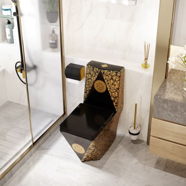 Ceramic Black Golden Siphonic One Piece Toilet Wall Hung Easy Clean