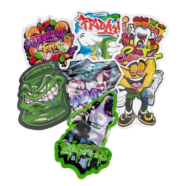 Custom Shape Die Cut 3.5g Mylar Bags | Full Color Printed Irregular Shaped Zipper Pouch for Candy Gummies Novelty Food Retail Packaging Brand OEM Manufacturer