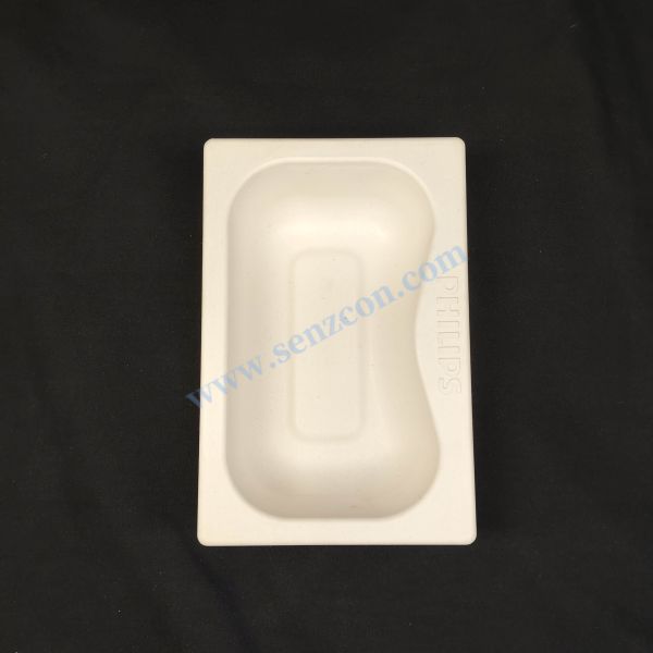 Manufacture of electronic eye - care massage glasses' inner lining packaging bases with white sugarcane pulp pulp molding, which have the functions of shock resistance and fall prevention.