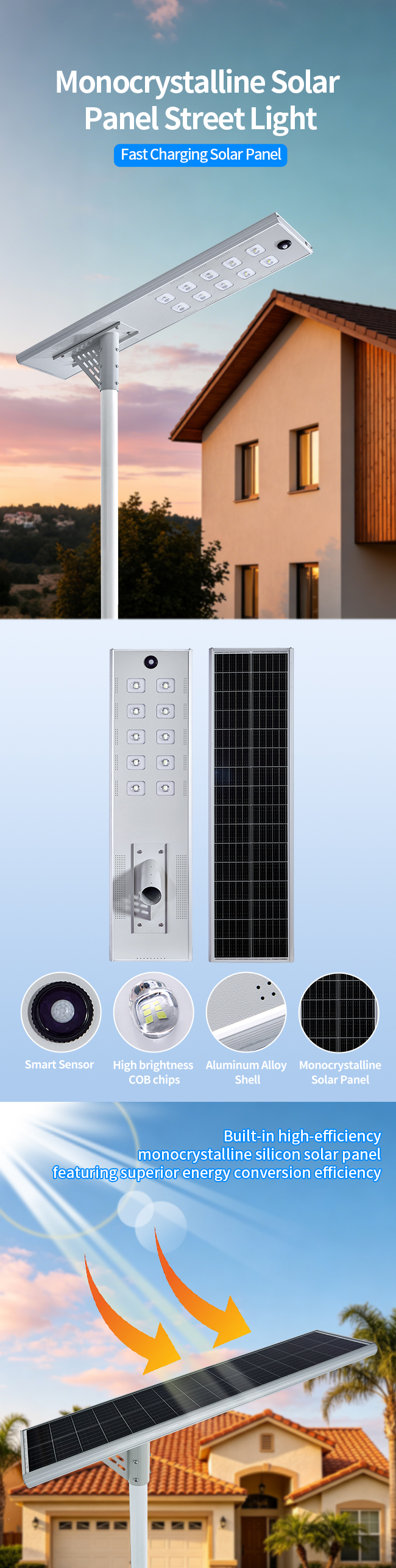 Outdoor Solar Street Light with High Conversion Monocrystalline Solar Panel, Auto On/Off Smart Lighting with Time & Light Control