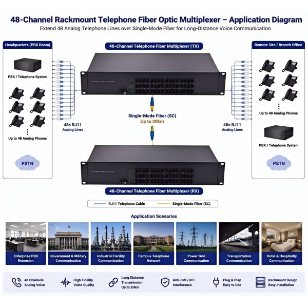48 Channel Telephone Multiplexer Rack Mount Fiber Optic Multiplexer