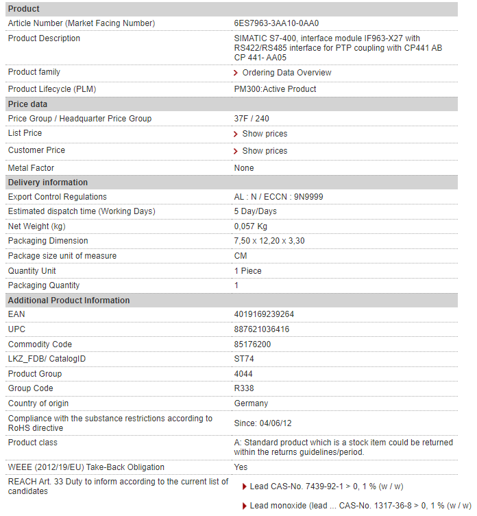 6ES7963-3AA10-0AA0 SIMATIC S7-400 интерфейсный модуль IF963-X27 с интерфейсом RS422/RS485