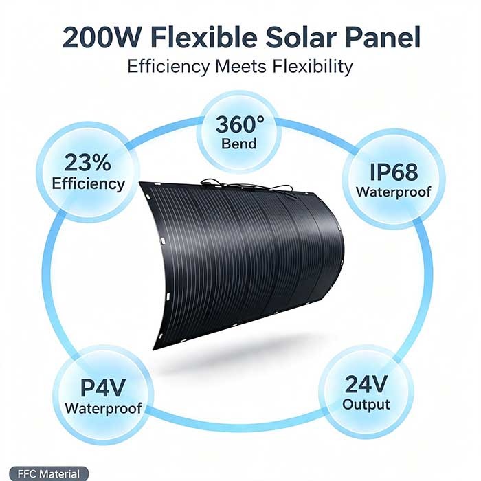200W Bend‑to‑Fit Flexible Solar Panel, High‑Output Off‑Grid Solar Energy for RV Roof, Boat Hull & Curved Walls