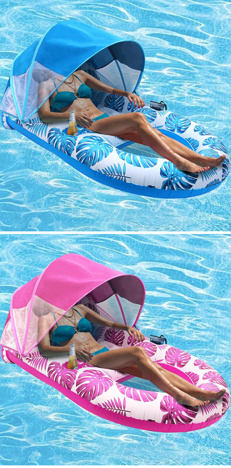 PVC Inflatable Sunshade Floating Bed Canopy Pool Lounge Chair Detachable Floating Raft Backrest Hollow-Design for Beach Water