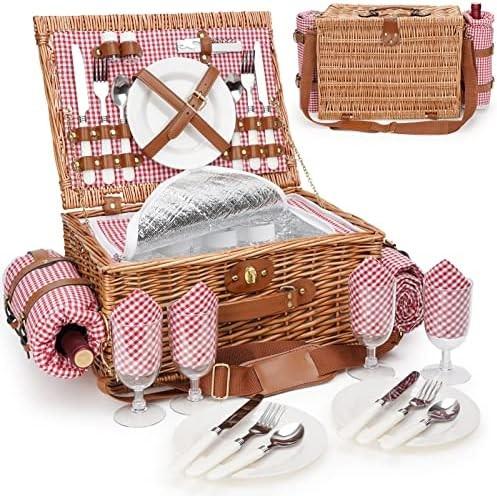 Wicker Picnic Basket with Lid and Handle Sturdy Woven Body with Washable Lining for Easter,Mother's Day,Outdoor Camping