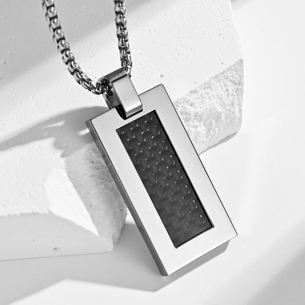 Stainless Steel and Carbon Fiber Square Religious Cross Pendant Necklace for Men , Stainless Steel Christian Jewelry