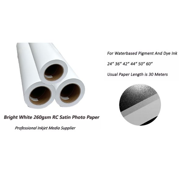 Rollo de papel fotográfico de inyección de tinta microporoso RC satinado de formato ancho de 24'' 36'' 260 g/m² para CANON EPSON