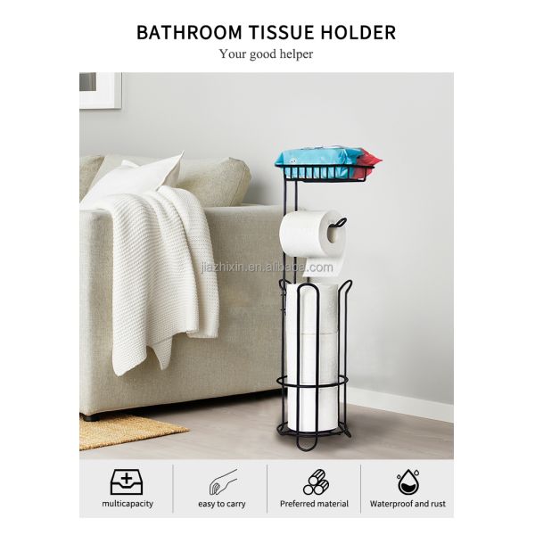NEW Modern Metal Detachable Standing Black Living Room Paper Towel Holder Basket Bathroom Organization Tissue Rack Storage Shelf