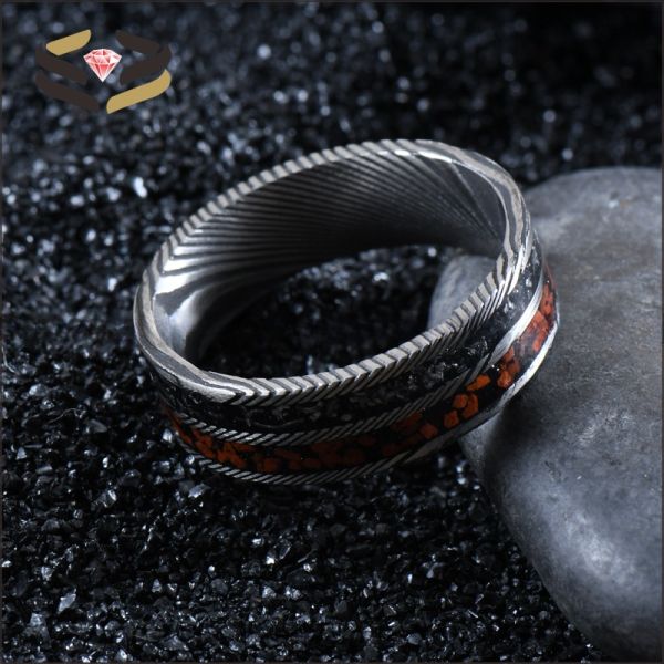 Round Flat Men Damascus Steel Wedding Bands 8mm With Meteorite And Dinosaur Bone Inlay