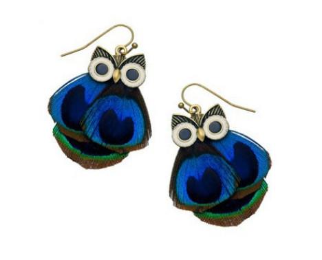 British high street brand Blue peacock feather earrings owl