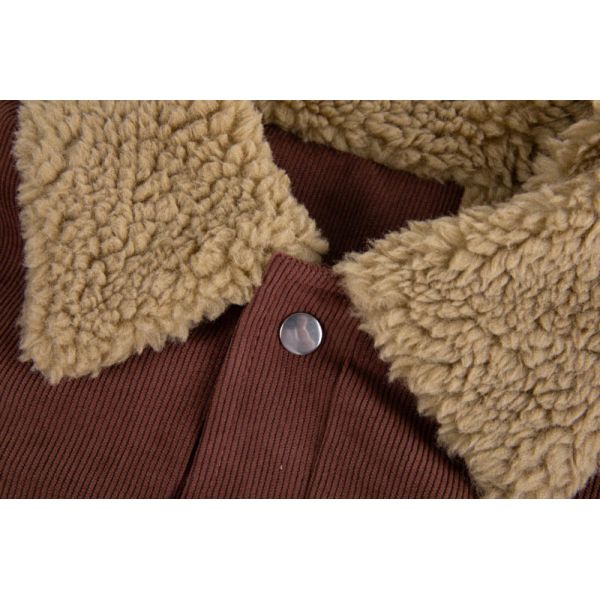 Chestnut Brown Corduroy Shell Sherpa Lined Trucker Jacket with Snap Front Closure