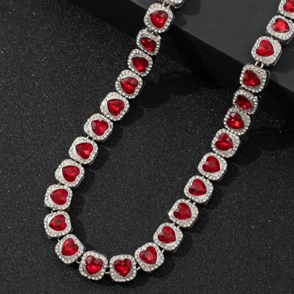 Fashion Red Heart Necklace Hiphop Heart Link Tennis Chain Necklace For Women Men Hip Hop Rapper Jewelry Gifts