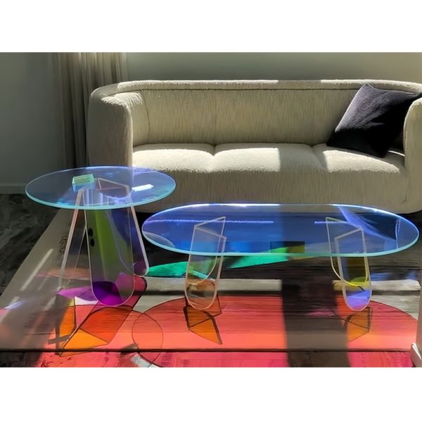 Oval Rainbow Glass Coffee Table Small Side Dining Room Glass Tea Table