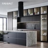 Design moderne simple Porte en verre Meubles de cuisine populaires Armoires de cuisine en bois de grain de luxe pour villa