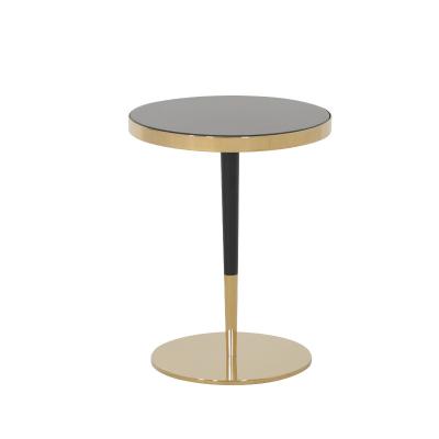 Sala de estar pequena mesa de aço inoxidável mesa de lado com brilhante brilhante ouro preto vidro superior perna de metal