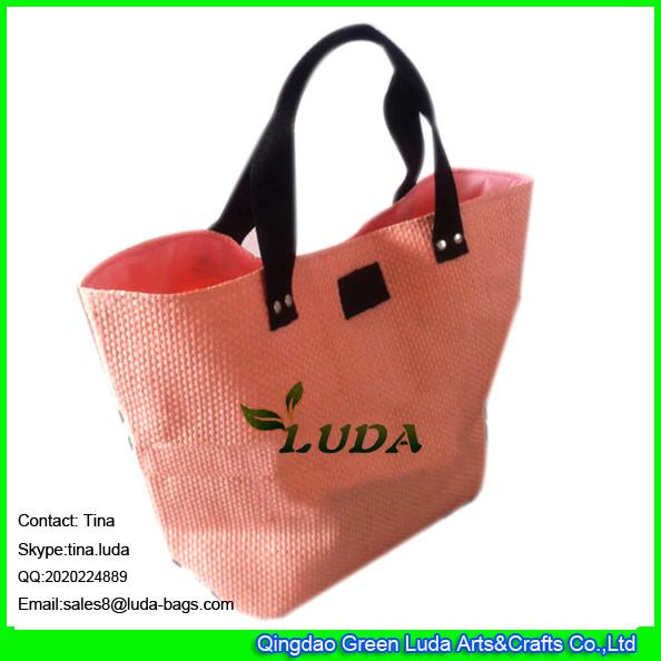 LUDA wholesale handbag black leather logo paper straw beach shopping bag