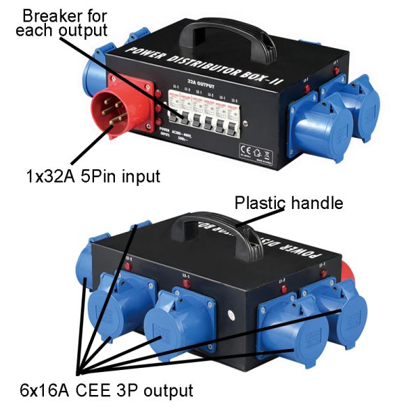 DJ Power Distribution Box 308V 32A 6x16A CEE 3P Outputs Robust Steel Housing EMC/LVD Certified for Events & Performances