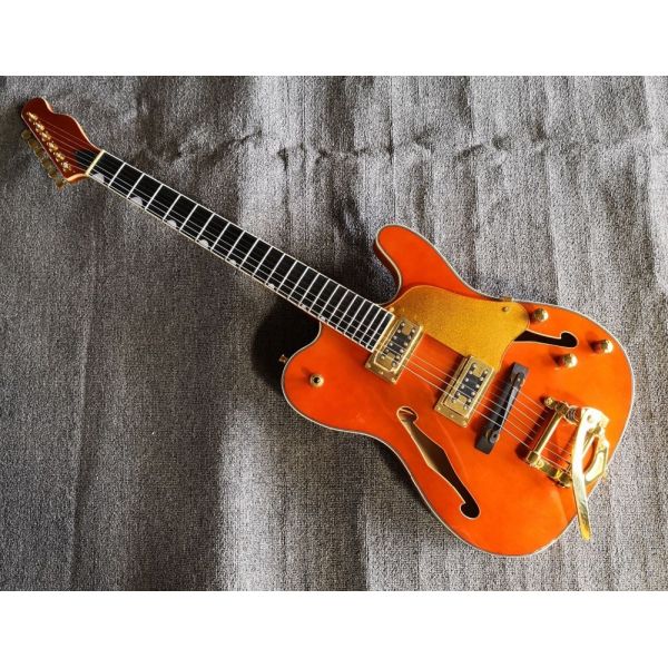 Custom orange TL hollow body f hole ebony fingerboard gold bridge electric guitar musical instrument shop