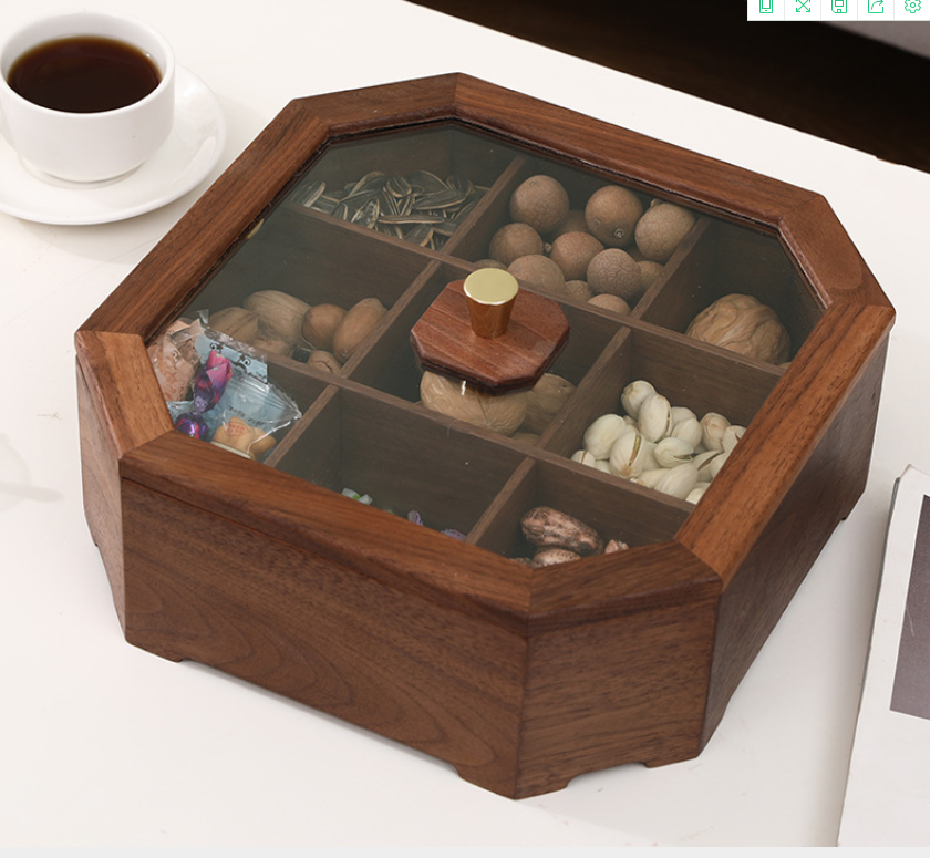 Caja de almacenamiento de madera maciza de frutas secas de nuez caja de cuadrícula dividida con tapa nuez nueve caja de cuadrícula