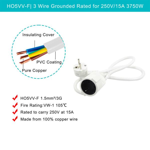 EUプラグ延長ケーブル H05VV-F 3G0.75mm2 黒色工業用電源コード