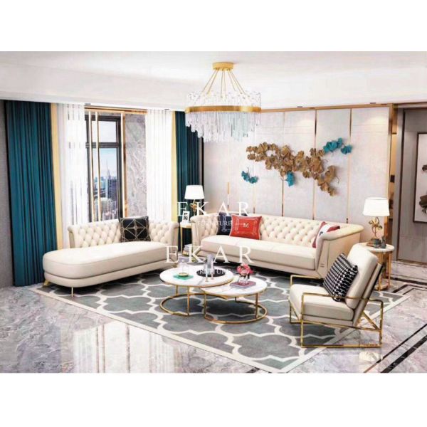 Modern Style Metal Legs Tufted Leather 3 Seater Sofa