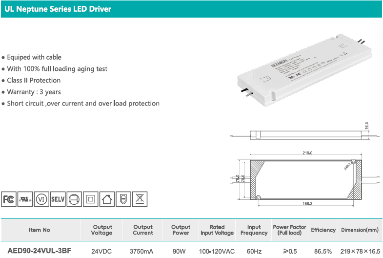 Letaron UL Listed 90W 24V LED Driver Class II Protection for Bathroom Mirror Lights