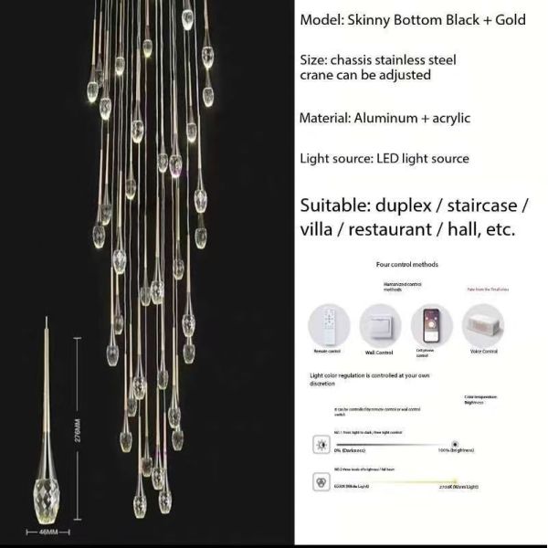 46 largas gotas de agua del poste de cristal escalera de lujo luz lámpara de araña larga sencilla nórdica lámpara de araña larga villa sala de estar hueca creativa doble red giratoria lámpara de araña de restaurante rojo