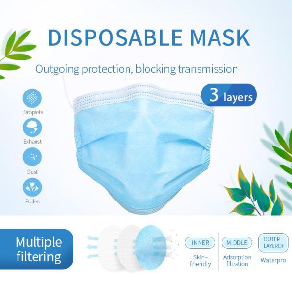 3 Ply Disposable Earloop Face Mask Non Woven Anti Virus Anti Dust Blue