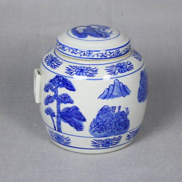 Traditional Blue And White Ceramics Memorial Urn Adult Size Landscape Design