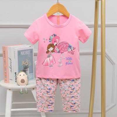 Cartoon Flamingo And Little Girls' Capri Pajama Sets Round Neck For Children