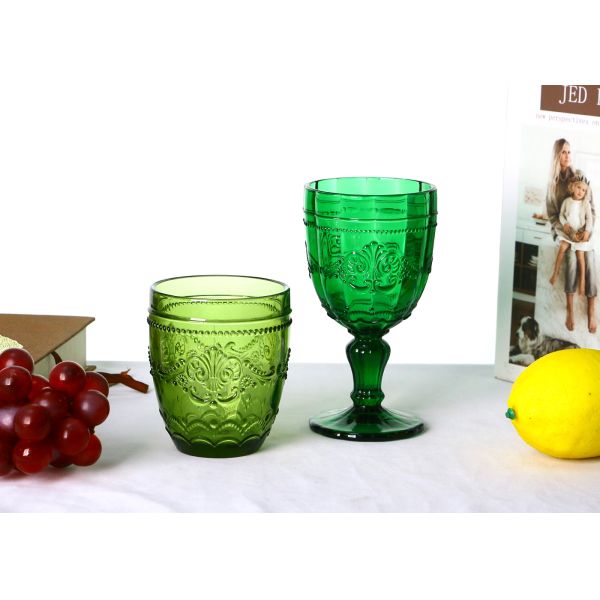 320ml Green Embossed Colored Crystal Wine Goblet Glasses For Home Deco, Antique Drinking Glass