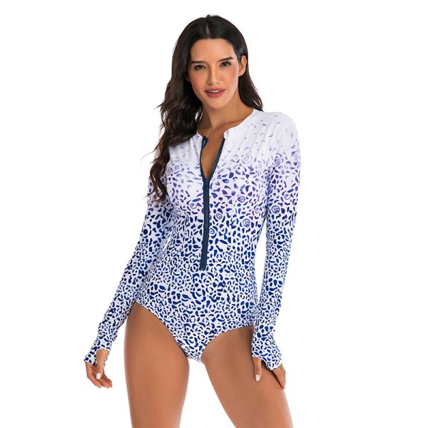 Traje de baño de Front One Piece Long Sleeve de la cremallera que imprime el alto puño elástico del pulgar