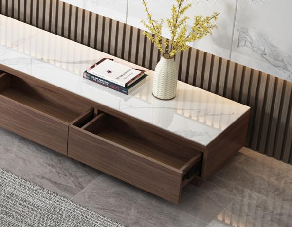 Gelaimei White Granite Top Walnut Laminate Short TV Stand With Drawers