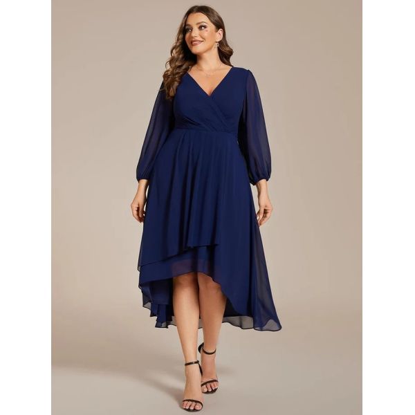 Plus Size Ruffled A-line Long Sleeve V-neck High Low Wedding Guest Navy Blue Chiffon Bridesmaid Dress