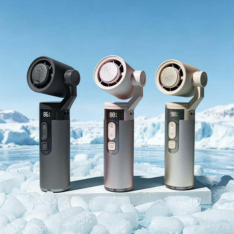 Factory OEM ODM Gimbal Handheld Fan Built-in 3000mAh 21700 Lithium Cell Semiconductor Ice Cooling Fan with LED Flashlight