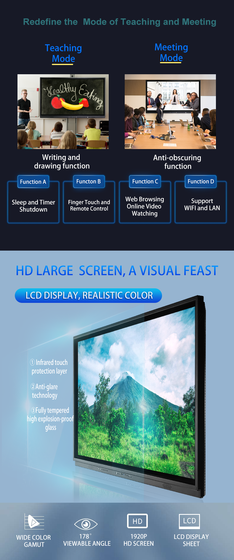 86-Inch Android LCD Interactive Smart Board with White LCD and Black Frame for School & Office Touch Screen Digital Board