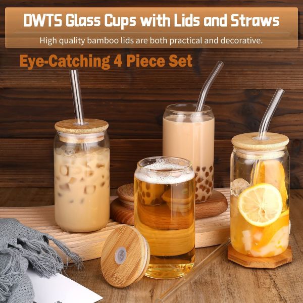 High Borosilicate Glass Mason Jar with Bamboo Lid and Straw 16oz Clear Glass Cups