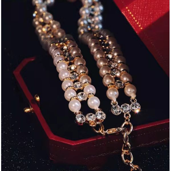 Double Row Pearl And Rhinestone Necklace Inlaid Crystal Diamond OEM ODM
