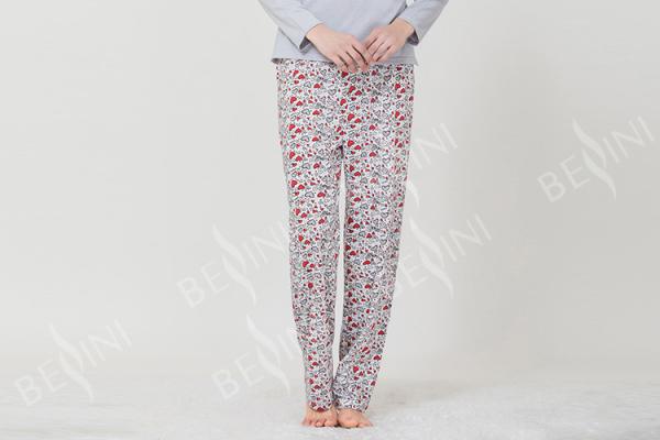 Lightweight Grey Womens Pyjama Sets Round Neck Long Sleeve Top / Printed Long Pants